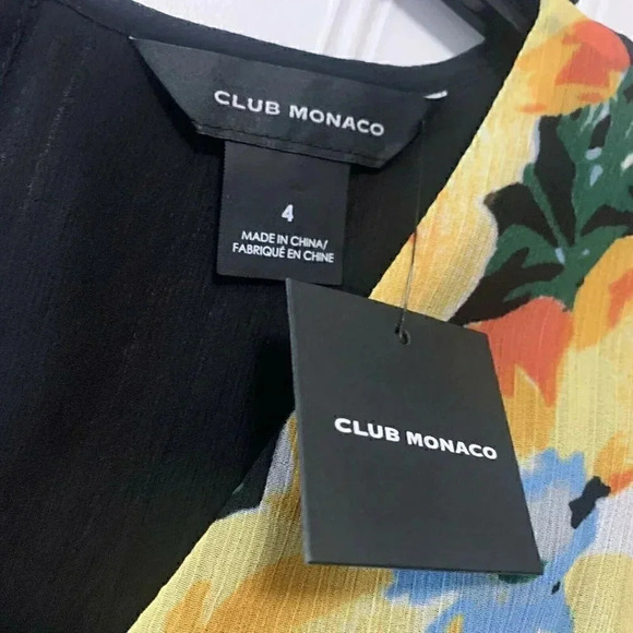 Club Monaco Size 4 Black Yellow Coran Floral Flutter-Sleeve Midi Dress NEW! - Picture 7 of 11